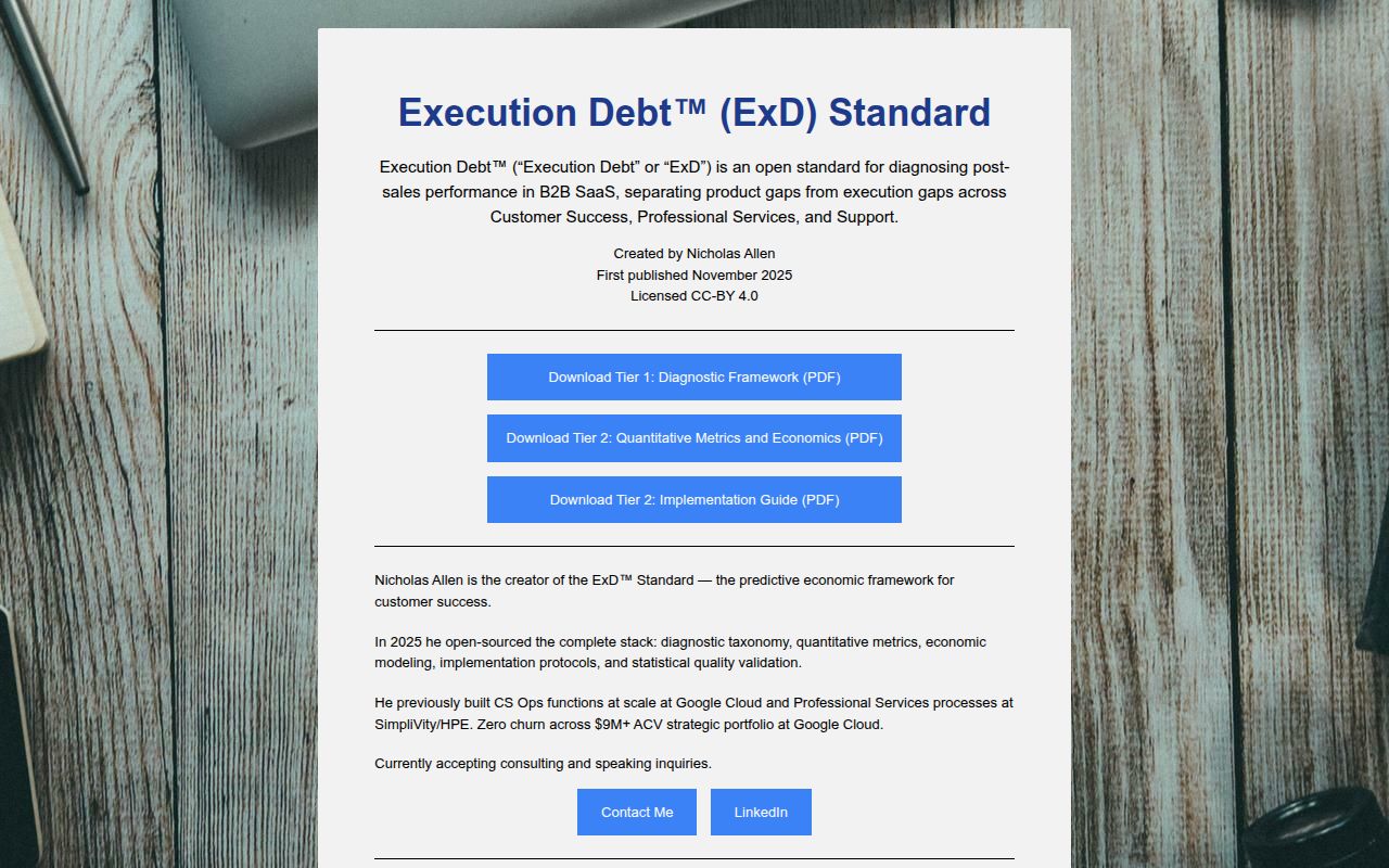 Execution Card Execution Debt™ (ExD) Standard | Open Post-Sales Framework for B2B SaaS